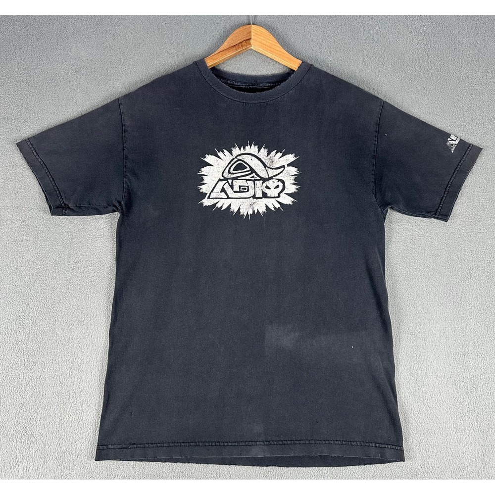 Adio Shirt Mens Small Black Thrashed Faded Skateboarding Skull Y2K Vintage Bam